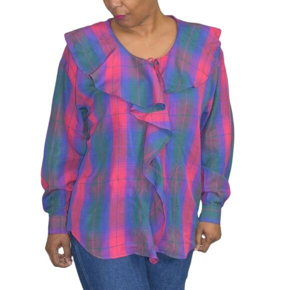Ruffle Collar Blouse Vintage Pink Purple Plaid 90s Button Front Top Size Medium - Picture 4 of 12